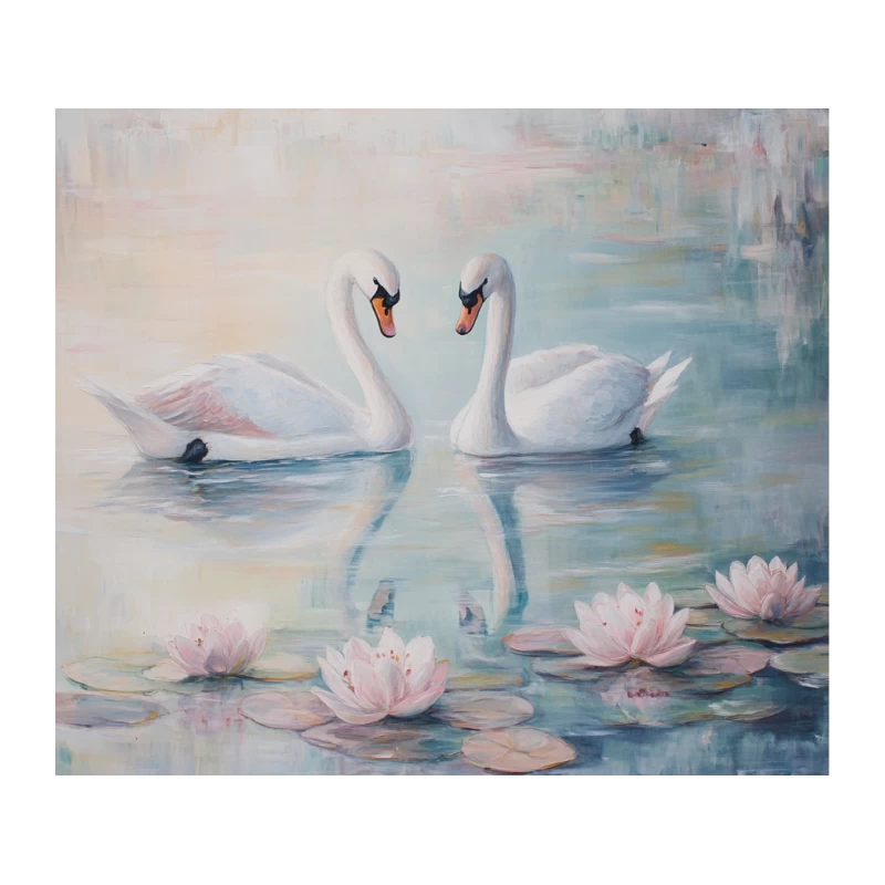 Romantic Swan Pair with Water Lilies: A Peaceful Lake Painting Tapestry