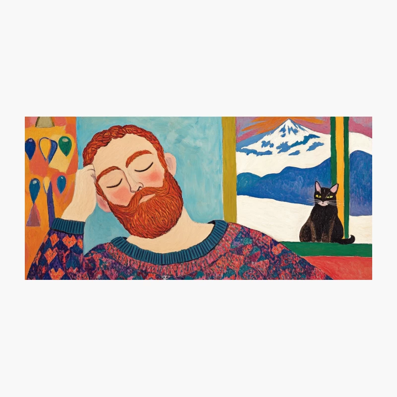 Colorful Painting of Bearded Man Enjoying Food and Wine with Cat and Mountain View Coffee Mug