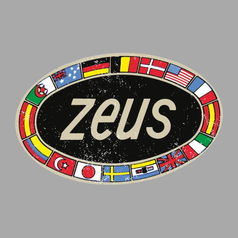 Zeus International Vintage Logo with National Flags Border Male Pullover Hoodie