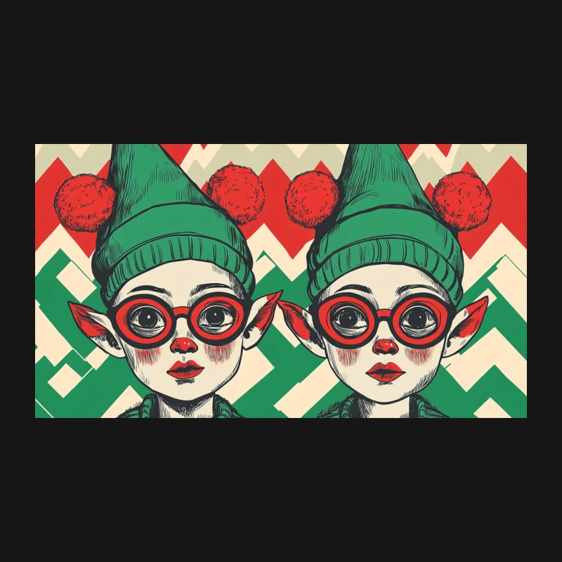 Retro-Style Christmas Elf Twins Illustration Desk Mat