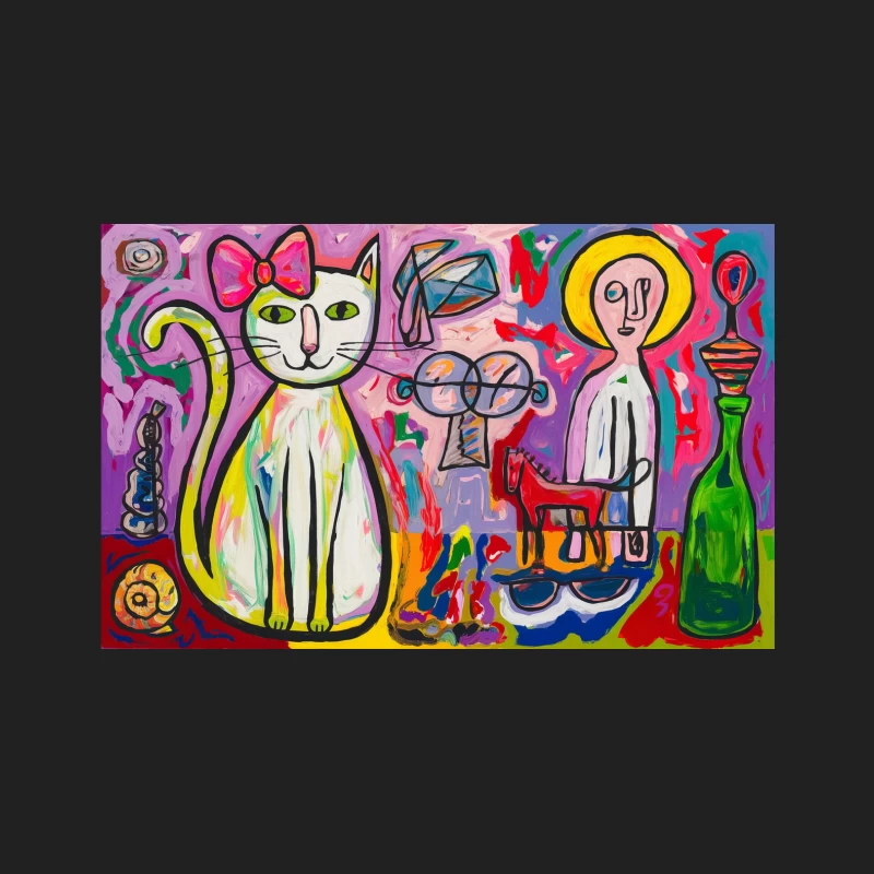 Vibrant Abstract Painting with Cat and Surreal Figures Bucket Hat