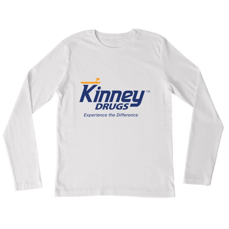 Kinney Drugs Pharmacy Logo with Blue Text and Orange Accent Female Long Sleeve T-Shirt