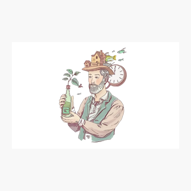 Whimsical Illustration of Bearded Man with Surreal House Hat Travel Mug
