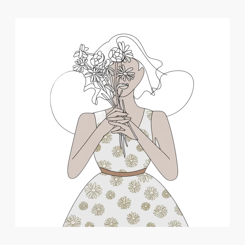 Elegant Line Art Illustration: Woman in Floral Dress Holding Bouquet Throw Pillow