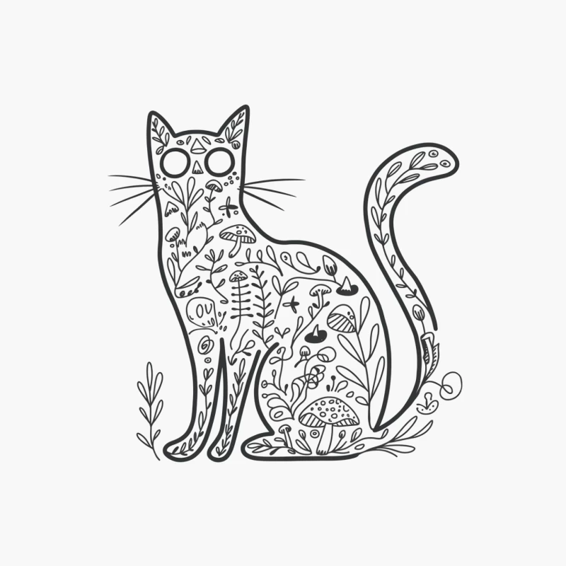Whimsical Cat Illustration with Nature-Inspired Patterns Cotton Tote Bag