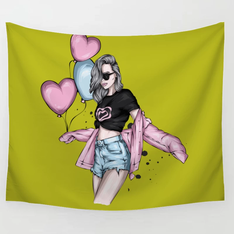 Stylish Girl with Balloons in Summer Fashion Tapestry