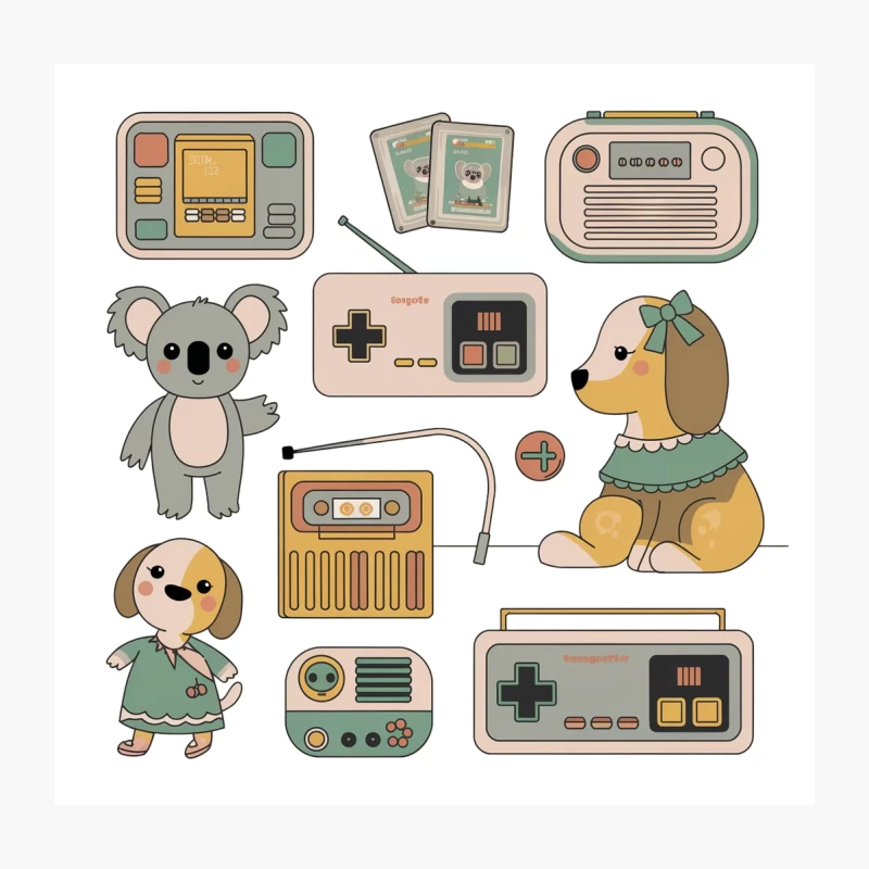 Nostalgic Mix of Retro Electronics and Cute Cartoon Animals Throw Pillow