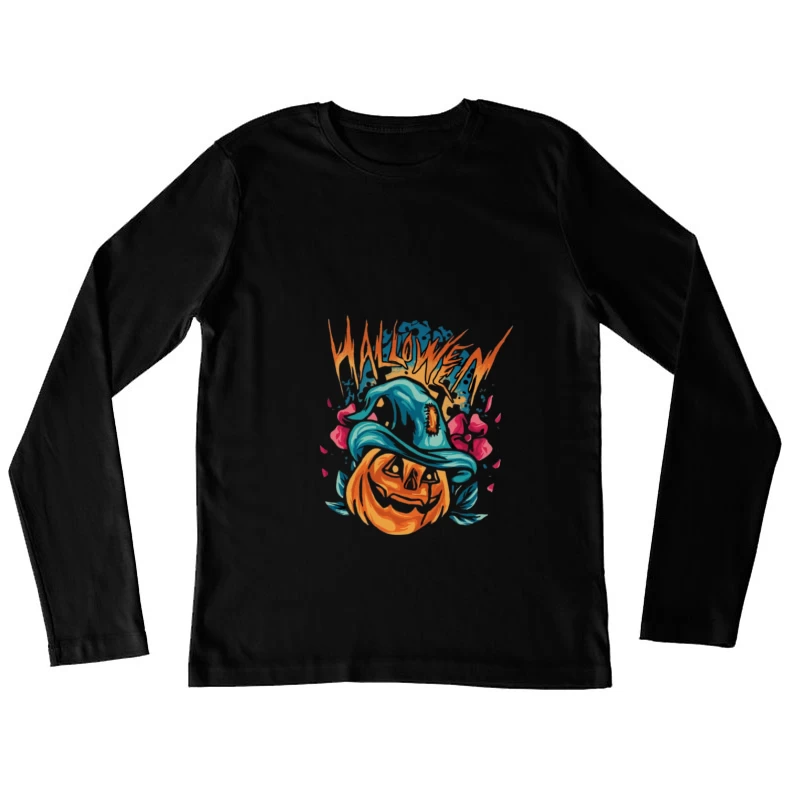 Kürbis mit Hexenhut zu Halloween Damen Langarm T-Shirt