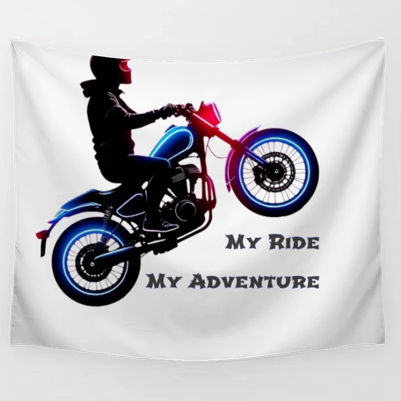 Neon-Lit Motorcycle Rider Silhouette with Adventure Quote Tapestry