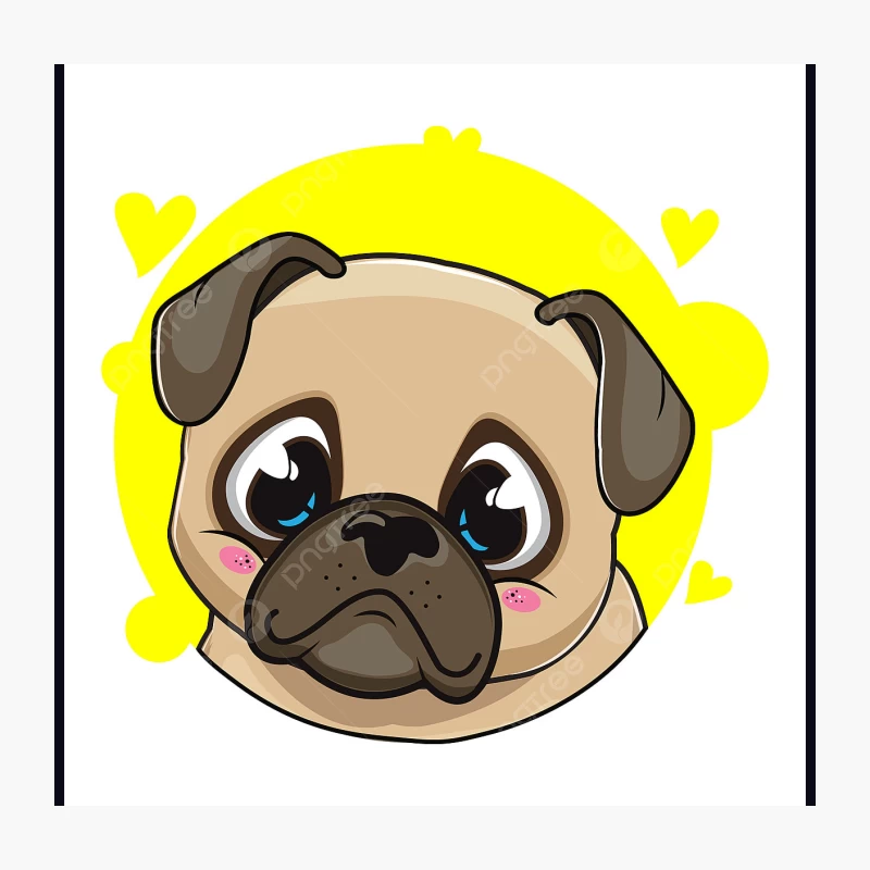 Adorable Cartoon Pug with Yellow Background and Hearts Throw Pillow