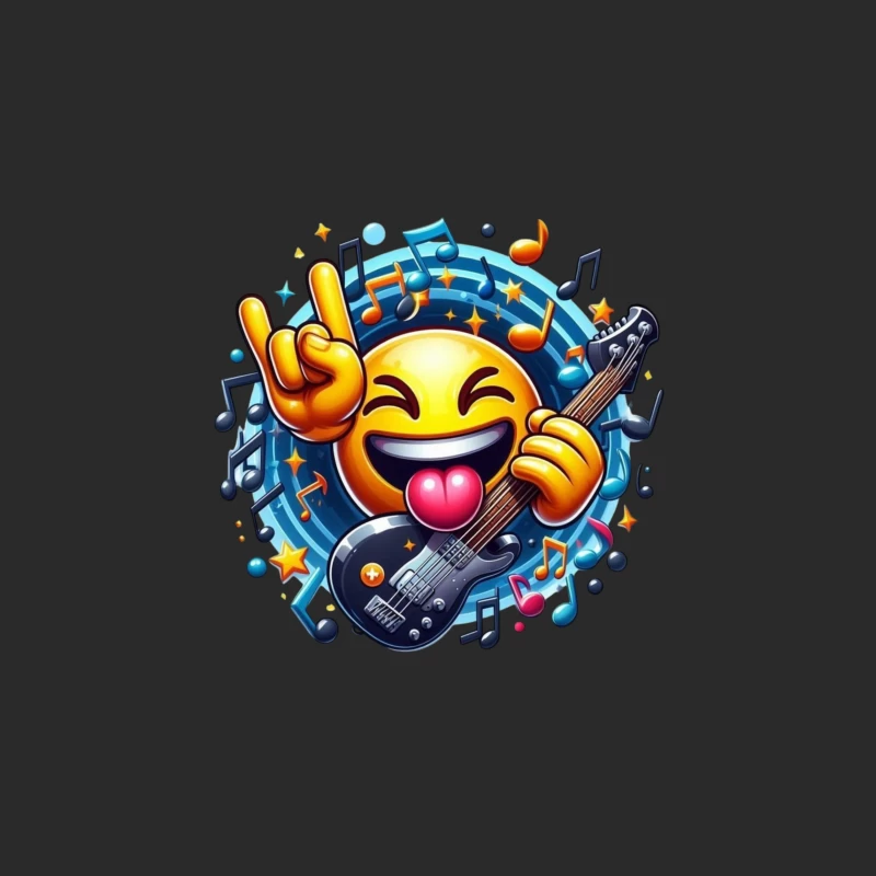 Rocking Smiley Emoji with Guitar and Music Notes Baseball Cap