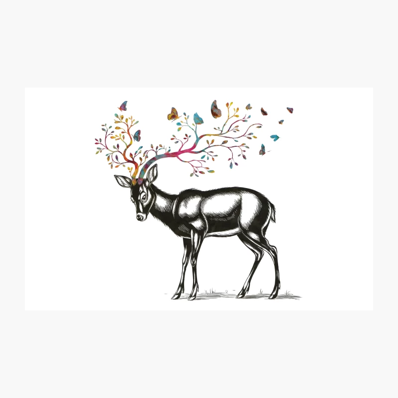 Surreal Deer with Colorful Antler Tree and Butterflies Travel Mug