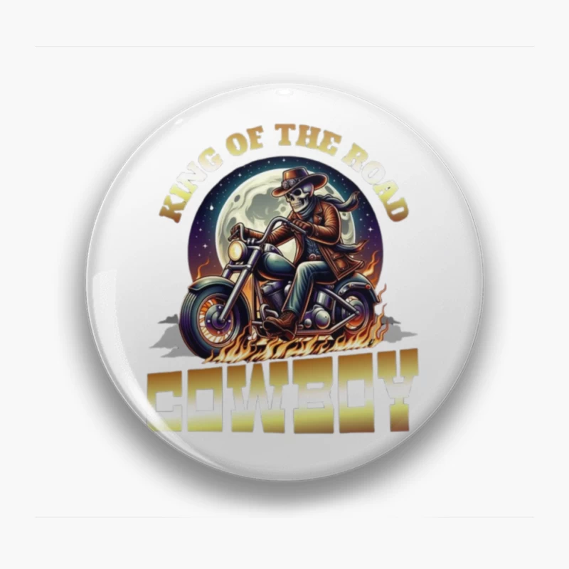 King of the Road: Skeleton Cowboy Biker Under Moonlight Pin