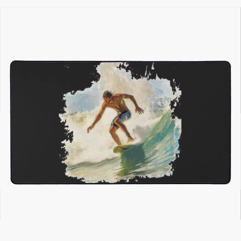 Dynamic Watercolor Surfer Riding Turquoise Wave Desk Mat