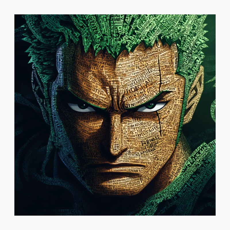 Typographic Portrait of Intense One Piece Character with Green Hair Pin