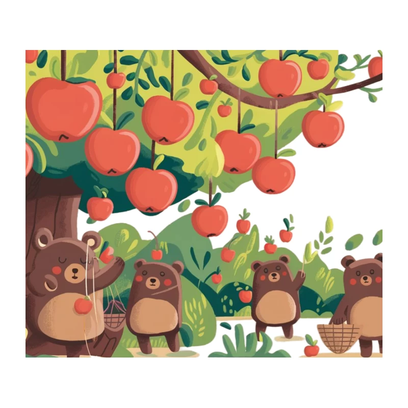 Cute Cartoon Bears Harvesting Apples in Whimsical Orchard Tapestry