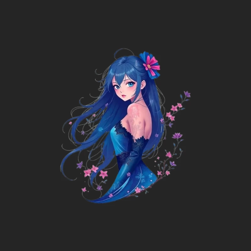 Elegant Anime Girl with Blue Hair and Floral Accents in Evening Dress Male Pullover Sweatshirt