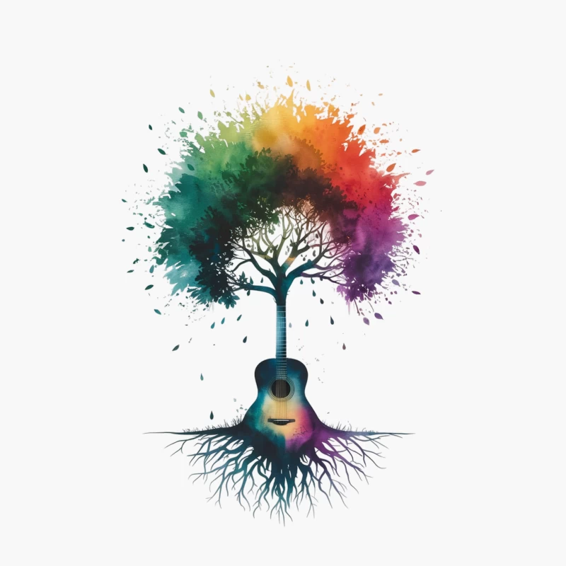 Rainbow Musical Tree with Guitar Roots Cotton Tote Bag