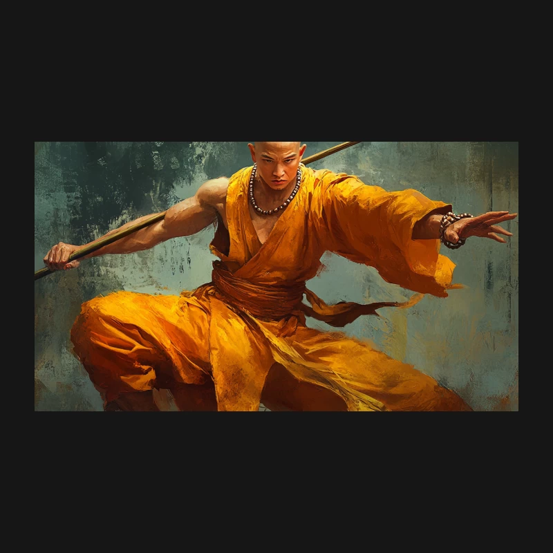 Artistic Portrayal of Shaolin Monk in Dynamic Kung Fu Stance Desk Mat