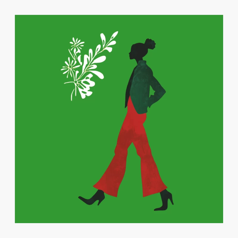 Retro Minimalist Fashion Silhouette: Woman in Green and Red Pin