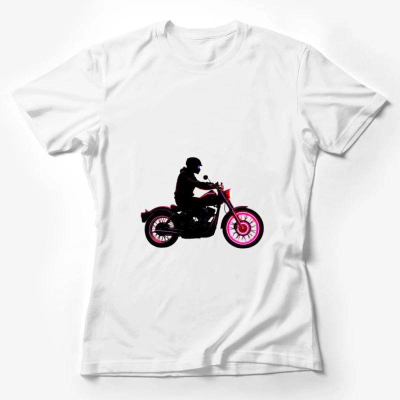 Silhouetted Motorcycle Rider with Neon Red Accents Female T-Shirt