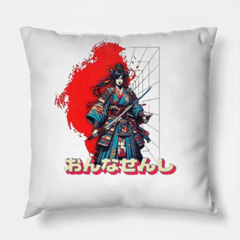 Warrior in Traditional Japanese Kimono with Katana Against Red Sun Throw Pillow