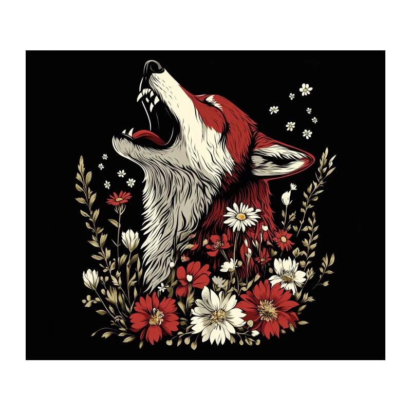 Howling Wolf Amidst Blooming Flowers: A Striking Illustration Tapestry