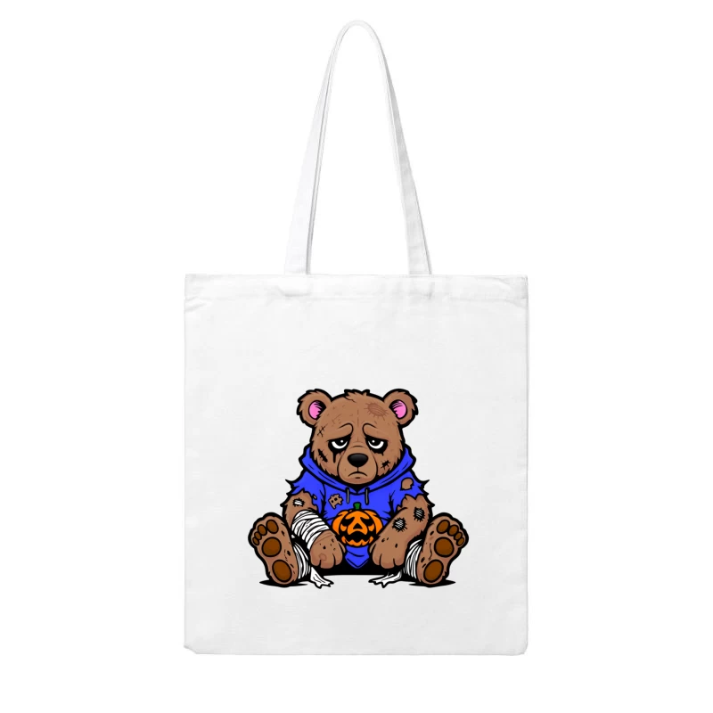 Sad Injured Teddy Bear in Blue Hoodie with Halloween Pumpkin Cotton Tote Bag