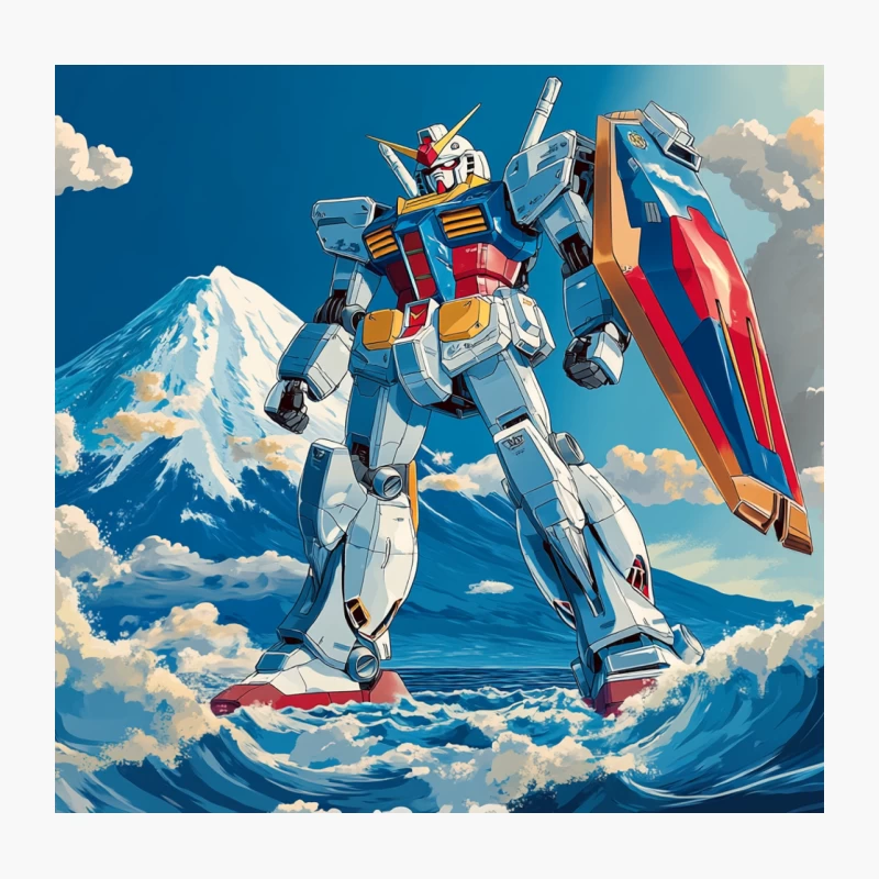 Majestic Gundam Mecha Stands Amid Ocean Waves with Mount Fuji Backdrop Throw Pillow