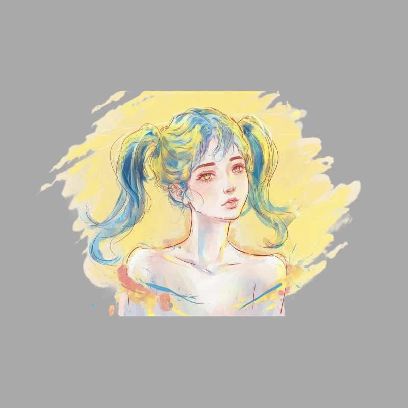 Vibrant Watercolor Portrait of Anime Girl with Colorful Pigtails Female Pullover Hoodie