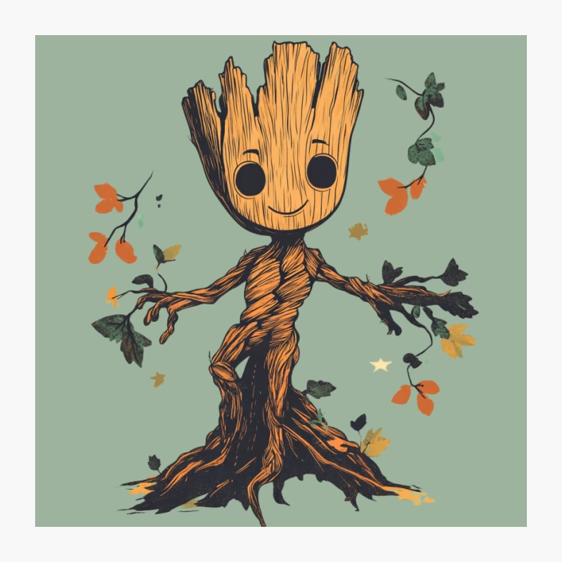 Adorable Groot Tree Character with Autumn Leaves Pin