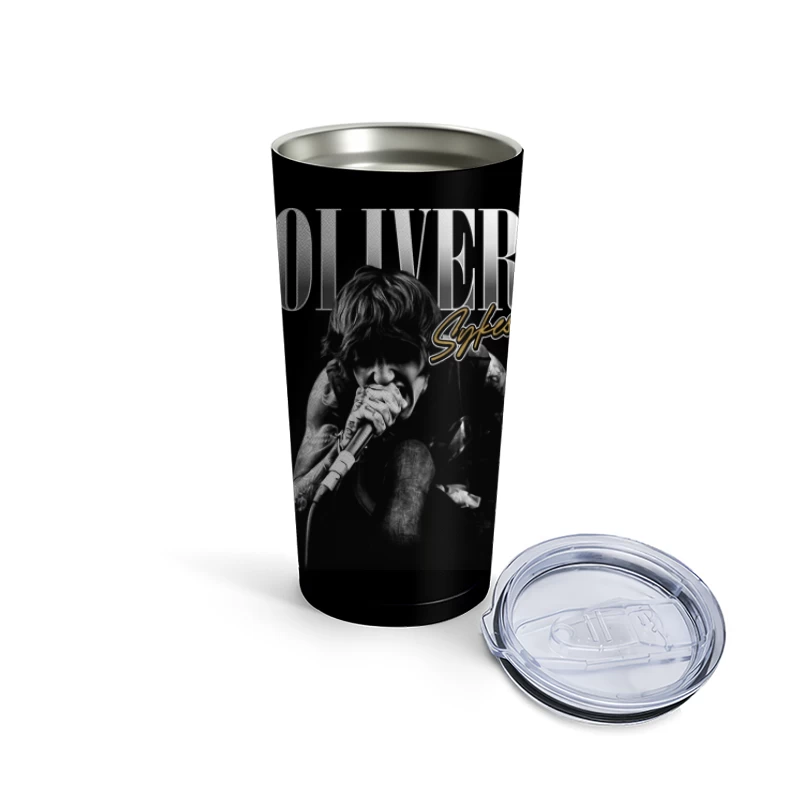 Dramatic Black and White Metal Vocalist Performance Travel Mug