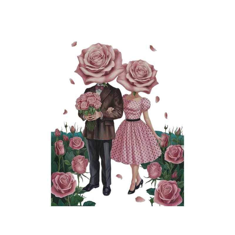 Surreal Rose-Headed Couple in Vintage Attire Amidst Romantic Flower Field Tapestry