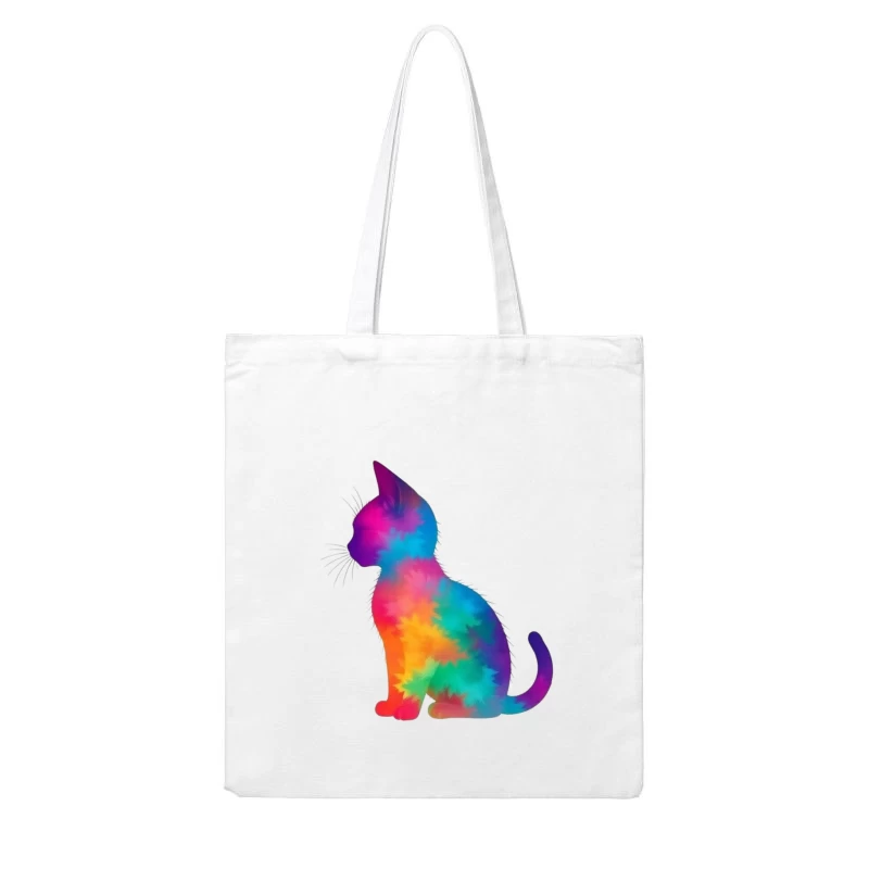 Rainbow Tie-Dye Cat Silhouette Art Cotton Tote Bag