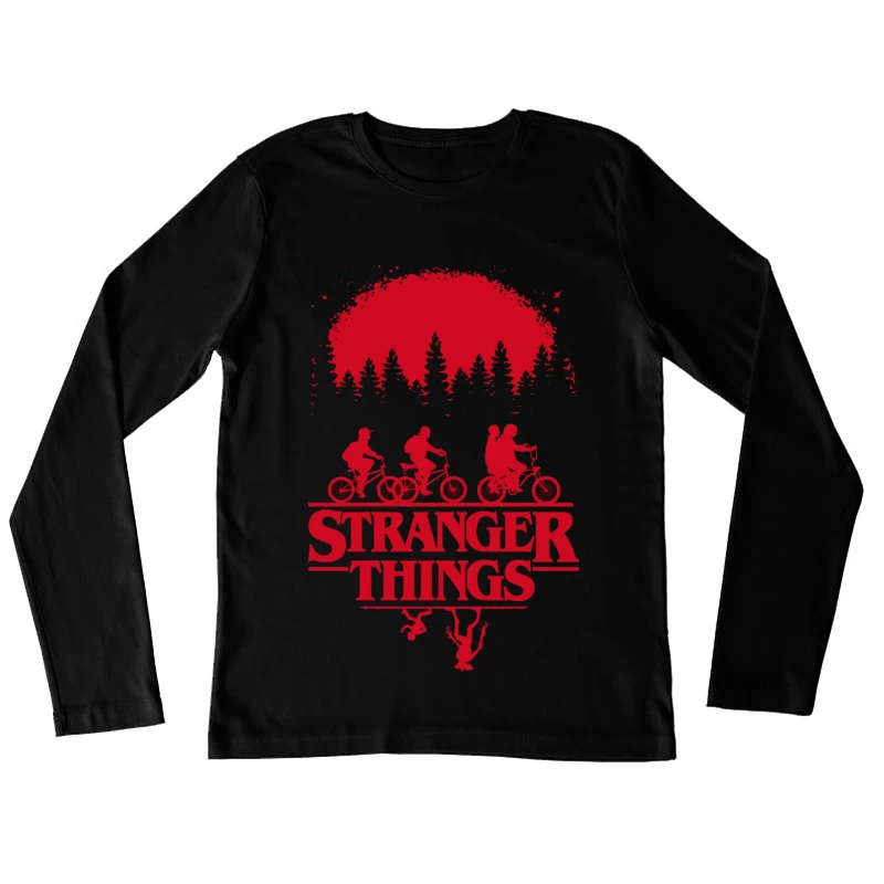 Stranger Things Red Silhouette Poster with Kids on Bikes Female Long Sleeve T-Shirt