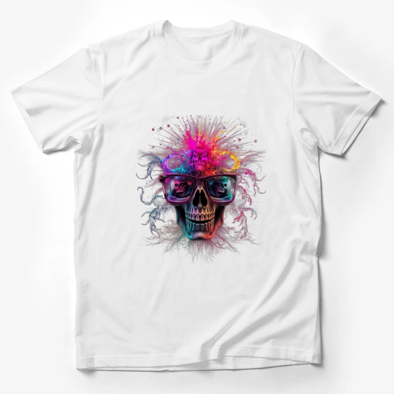 Psychedelic Skull with Reflective Sunglasses in Vibrant Colors Male T-Shirt