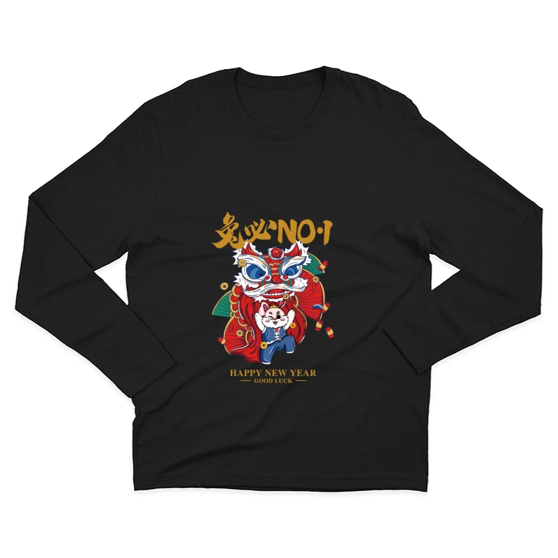 Glücklicher Neujahrs-Löwentanz mit Katze Herren Langarm T-Shirt