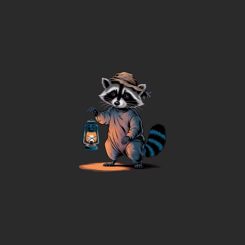 Whimsical Raccoon's Nighttime Adventure with Lantern and Hat Baseball Cap