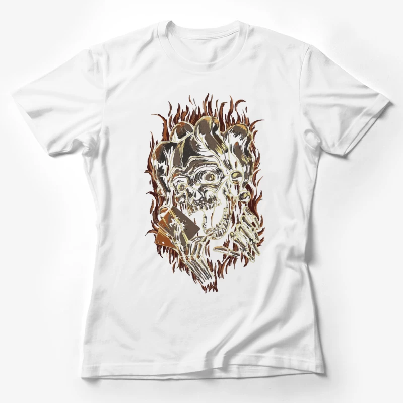 Skull Jester with Playing Cards and Flames Female T-Shirt