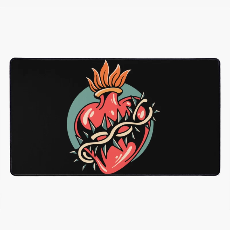 Illustration of a Heart with Thorns and Flame Desk Mat