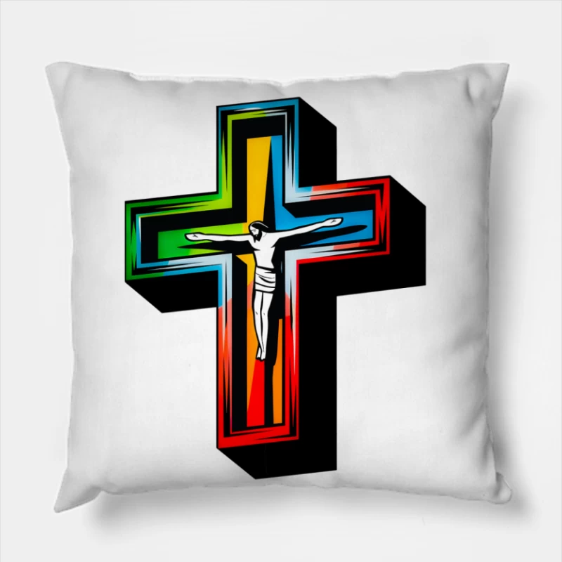 Colorful Modern Christian Cross with Crucifixion Throw Pillow