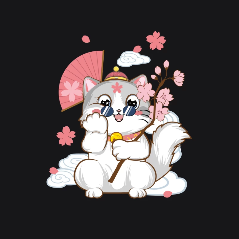 Niedliche Katze mit Kirschblüten und Fächer Herren Pullover Hoodie