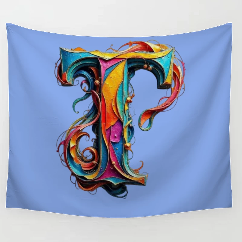 Ornate Colorful Typography: Decorated Letter T Illustration Tapestry