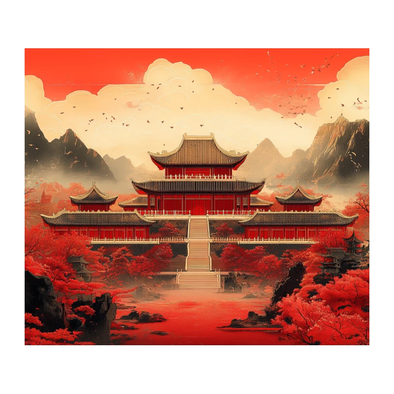 Majestic Chinese Temple Amidst Crimson Autumn Landscape Tapestry