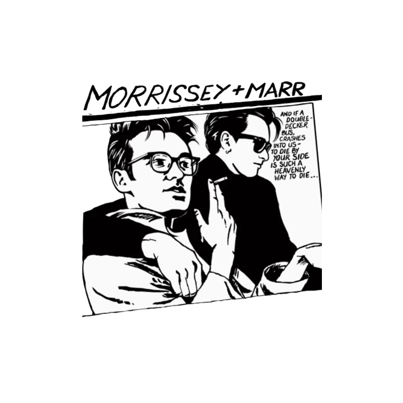 Black and White Comic Style Portrait of Morrissey and Marr with Dark Humor Quote Tapestry