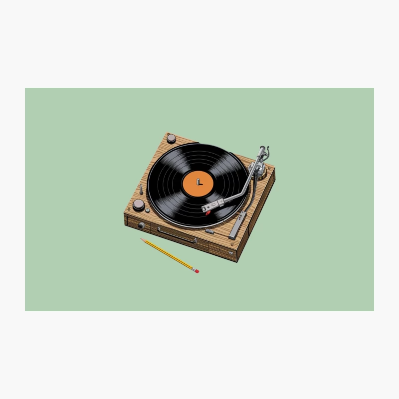 Vintage Wooden Turntable with Vinyl Record and Pencil Travel Mug