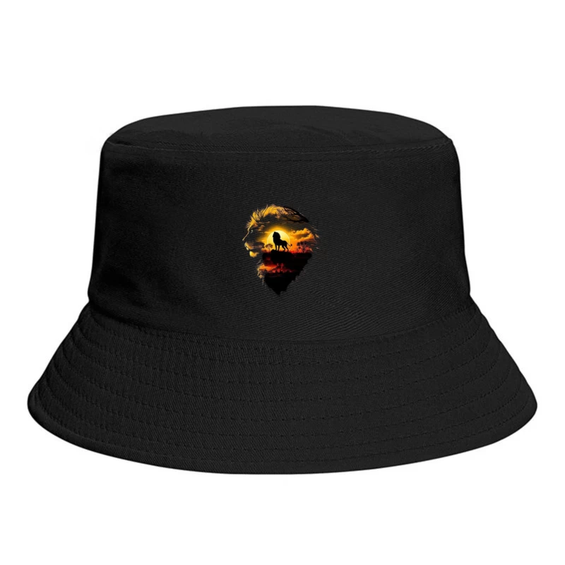 Majestic Lion Silhouette with Sunset Landscape Bucket Hat