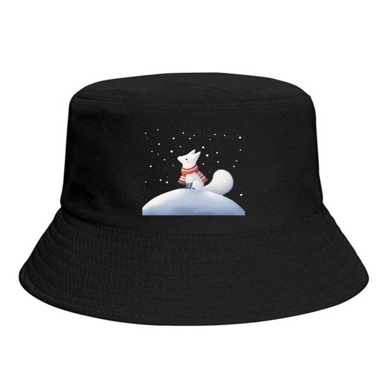 Cute Arctic Fox in Red Scarf on Snowy Hill Bucket Hat