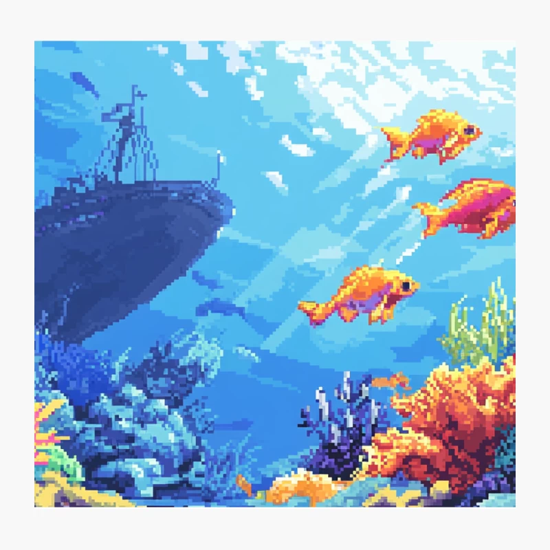 Vibrant Pixel Art Underwater Scene with Coral Reef and Shipwreck Throw Pillow
