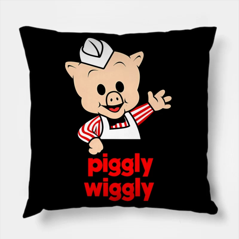 Piggly Wiggly Grocery Store Cartoon Pig Mascot Logo Throw Pillow